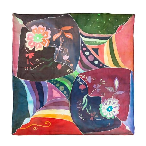 top view of hand painted batik silk headscarf top view of hand painted batik silk headscarf